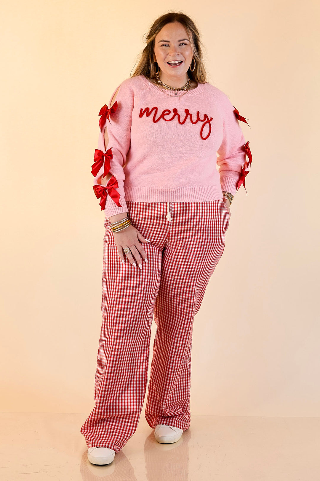 Simply Southern | Merry Moment Textured Knit Sweater with Red Bows in Pink
