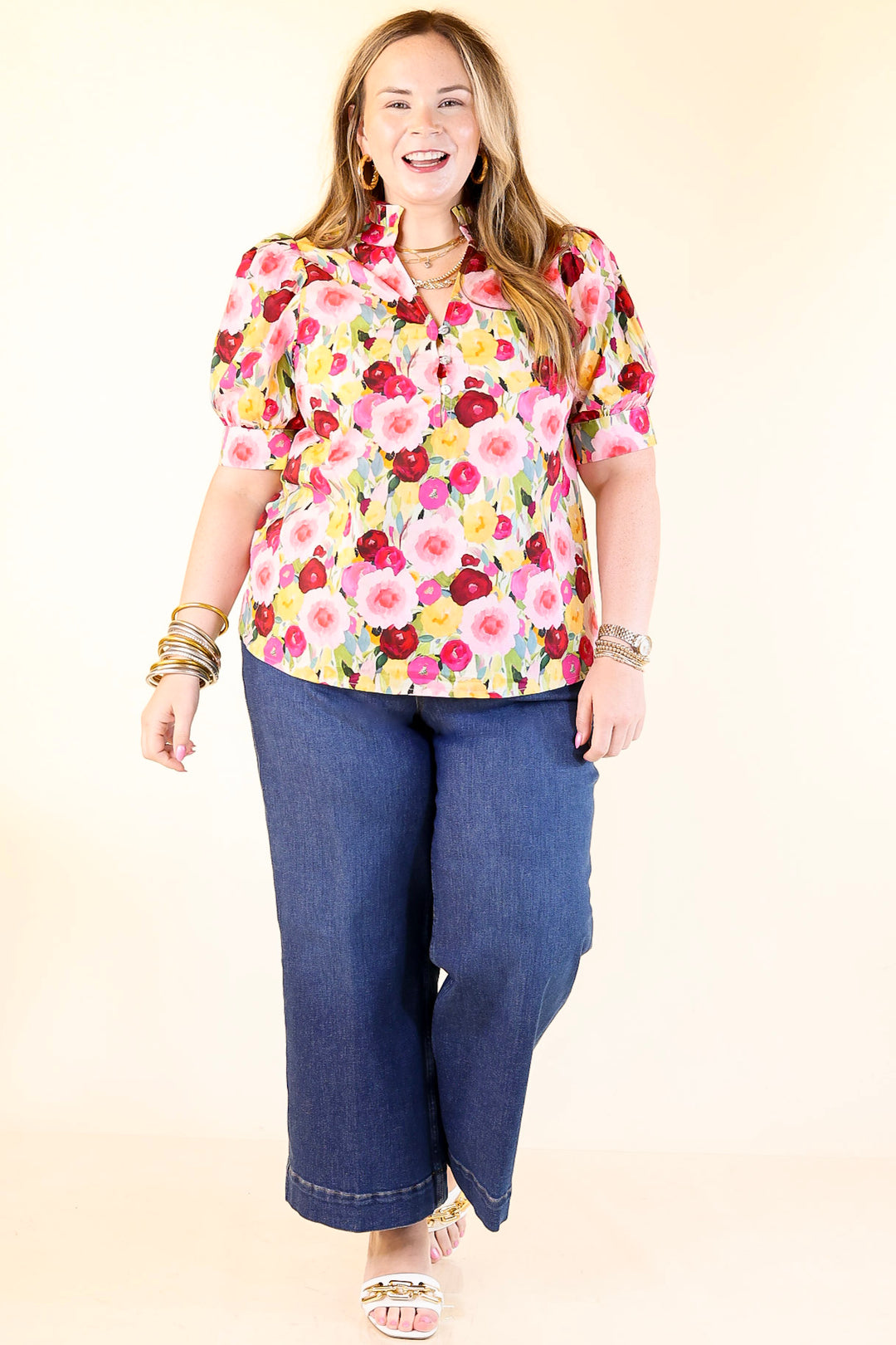 Brighter Blooms Ahead Floral Print Top with Ruffle Collar and Puff Sleeves in Multi