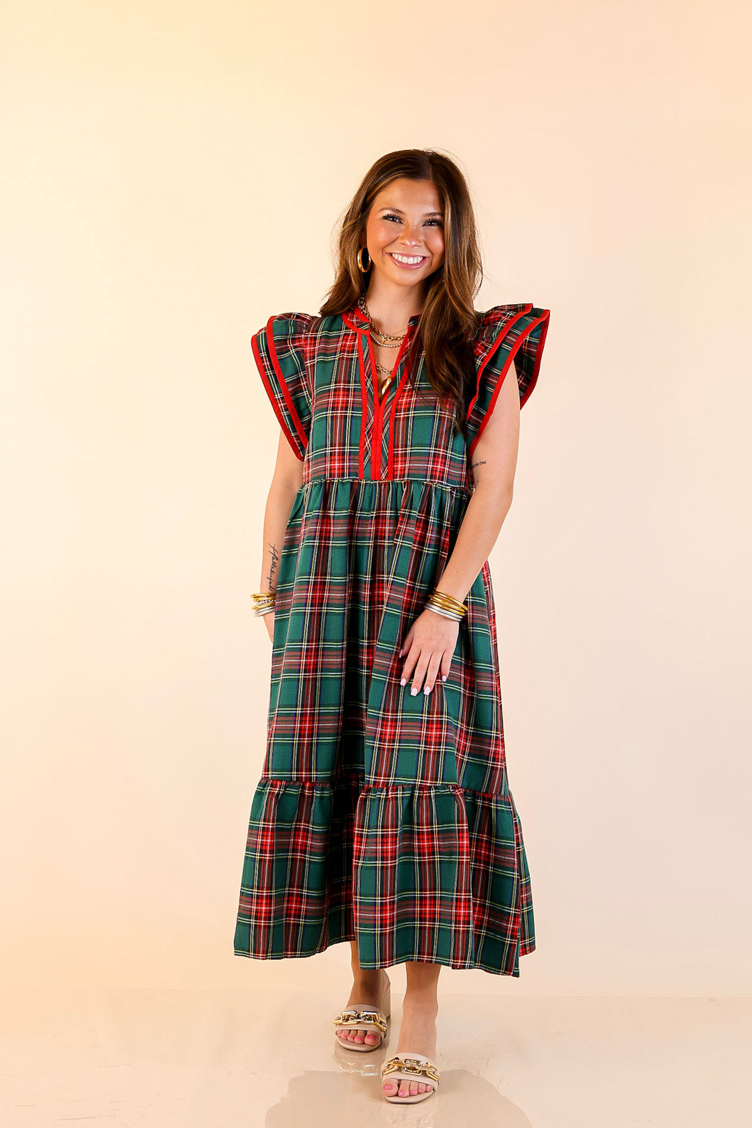Magnolia Morning Plaid Ruffle Cap Sleeve Tiered Midi Dress in Green