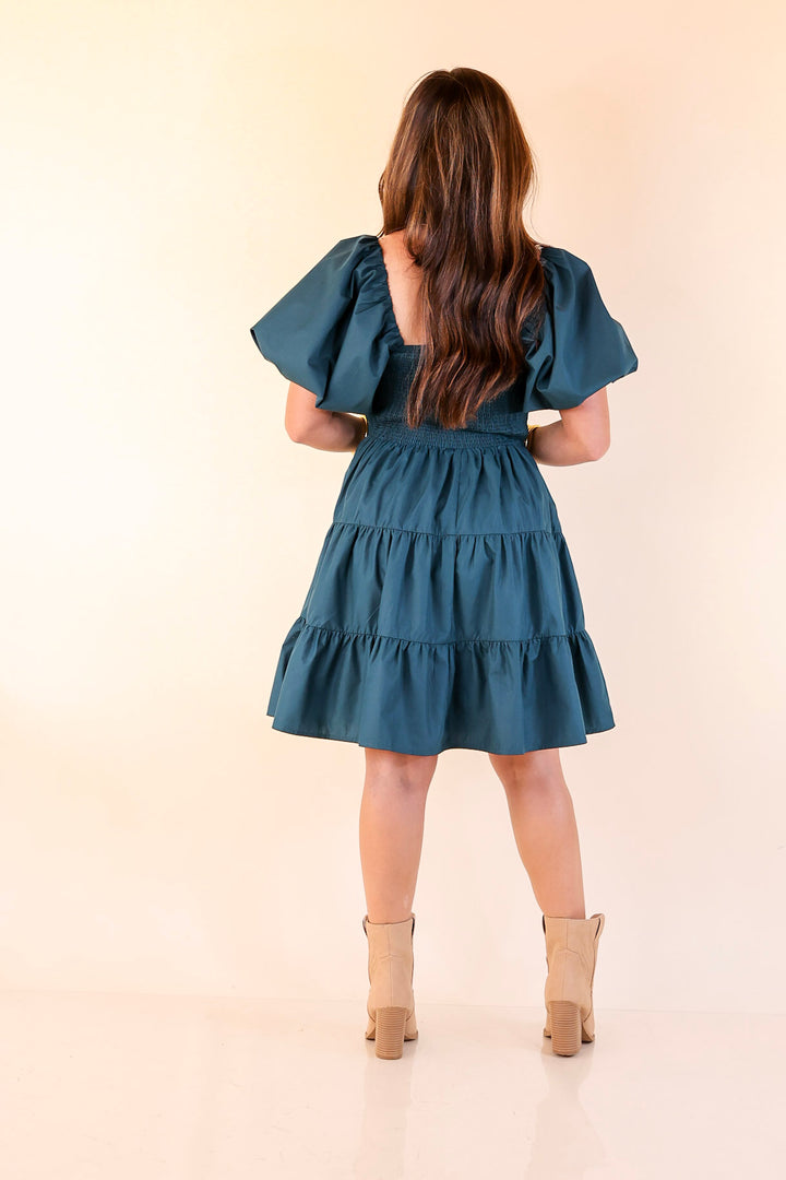 Trust Me Balloon Sleeve Dress in Teal Blue