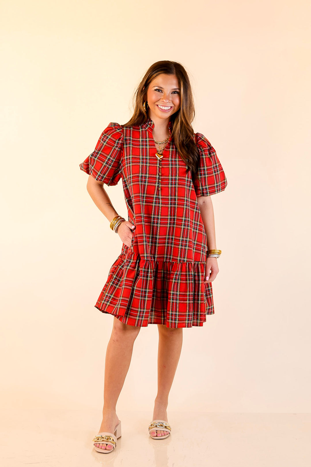 Polished in Plaid Peplum Skirt Dress with Pockets and Puff Sleeve in Red