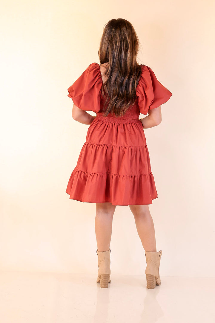 Trust Me Balloon Sleeve Dress in Rust Orange