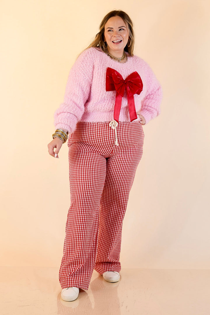 Simply Southern | Tied to Perfection Eyelash Textured Knit Sweater with Red Bow in Pink