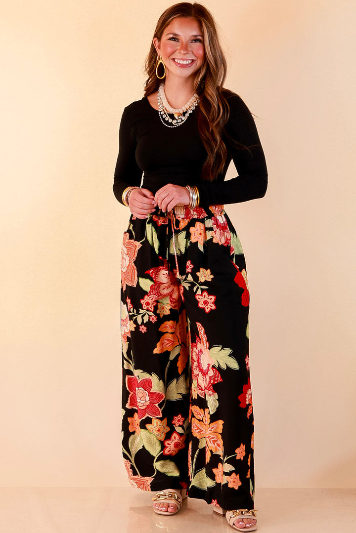 Fresh Picked Floral Print Wide Leg Pants in Black