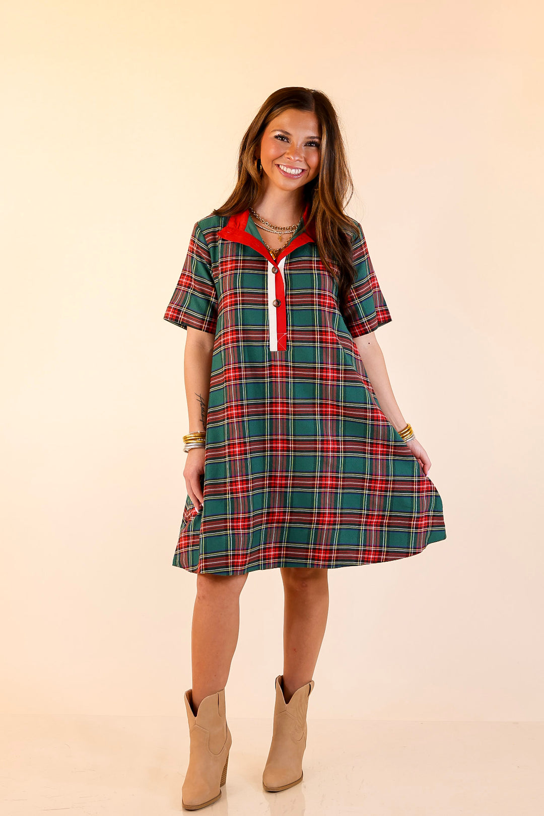 Seasonal Shift Plaid Dress with Pockets and Button Detailing in Green