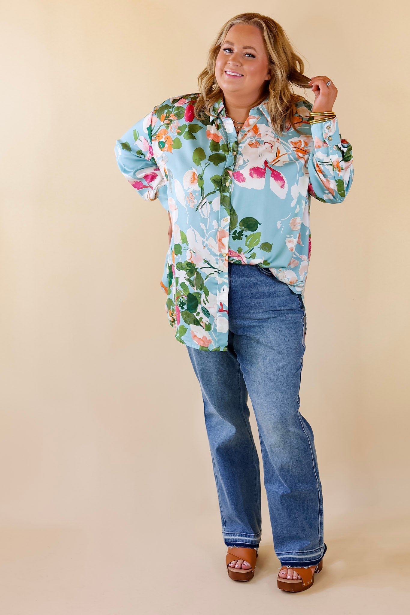 Tell Me Something Good Floral Long Sleeve Button Up Top in Light Blue - Giddy Up Glamour Boutique
