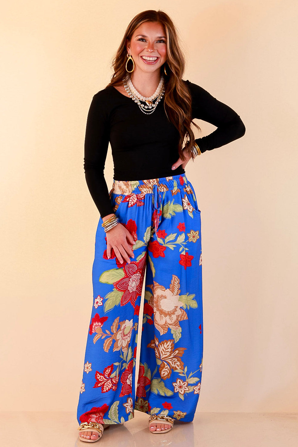 Fresh Picked Floral Print Wide Leg Pants in Blue