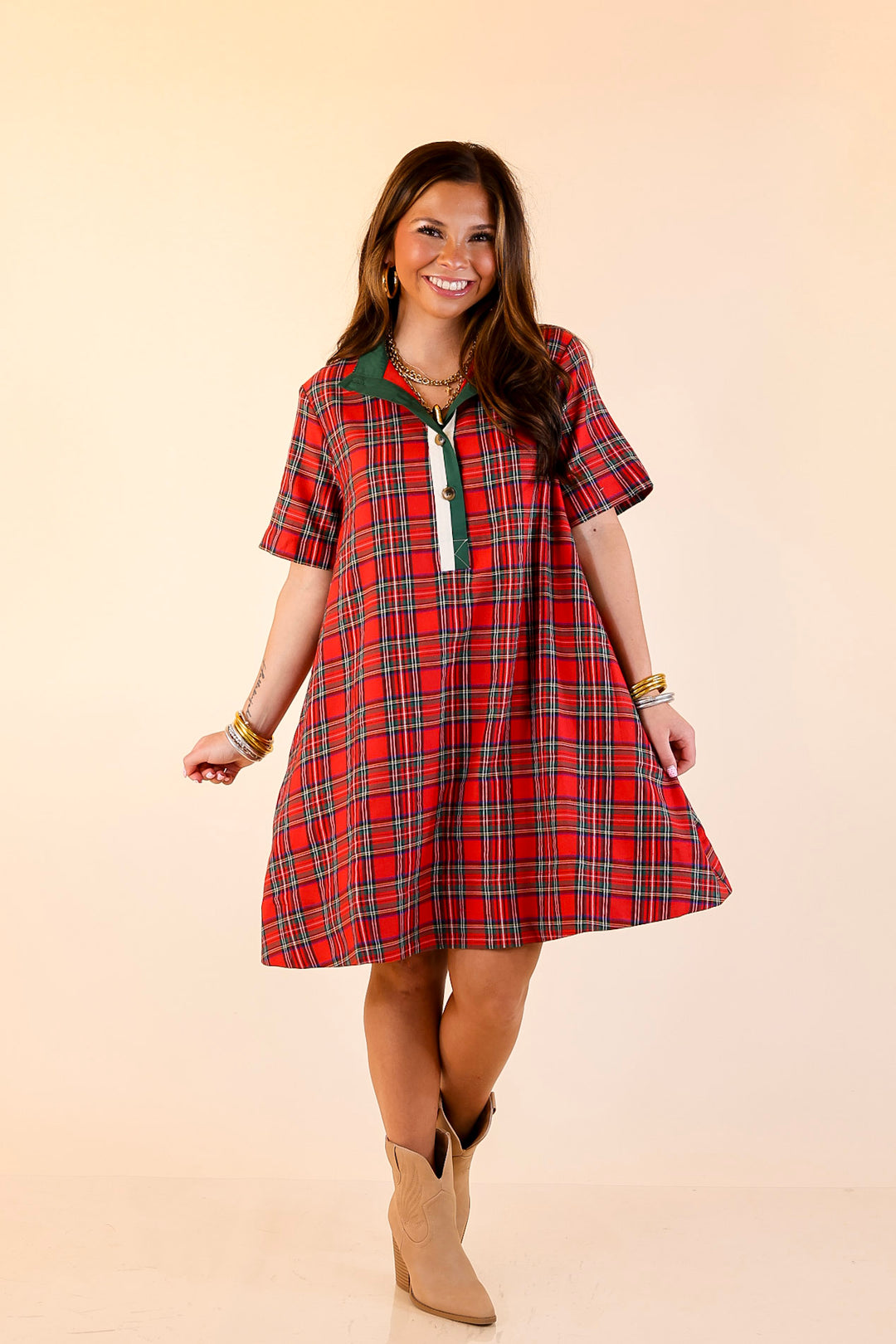 Seasonal Shift Plaid Dress with Pockets and Button Detailing in Red