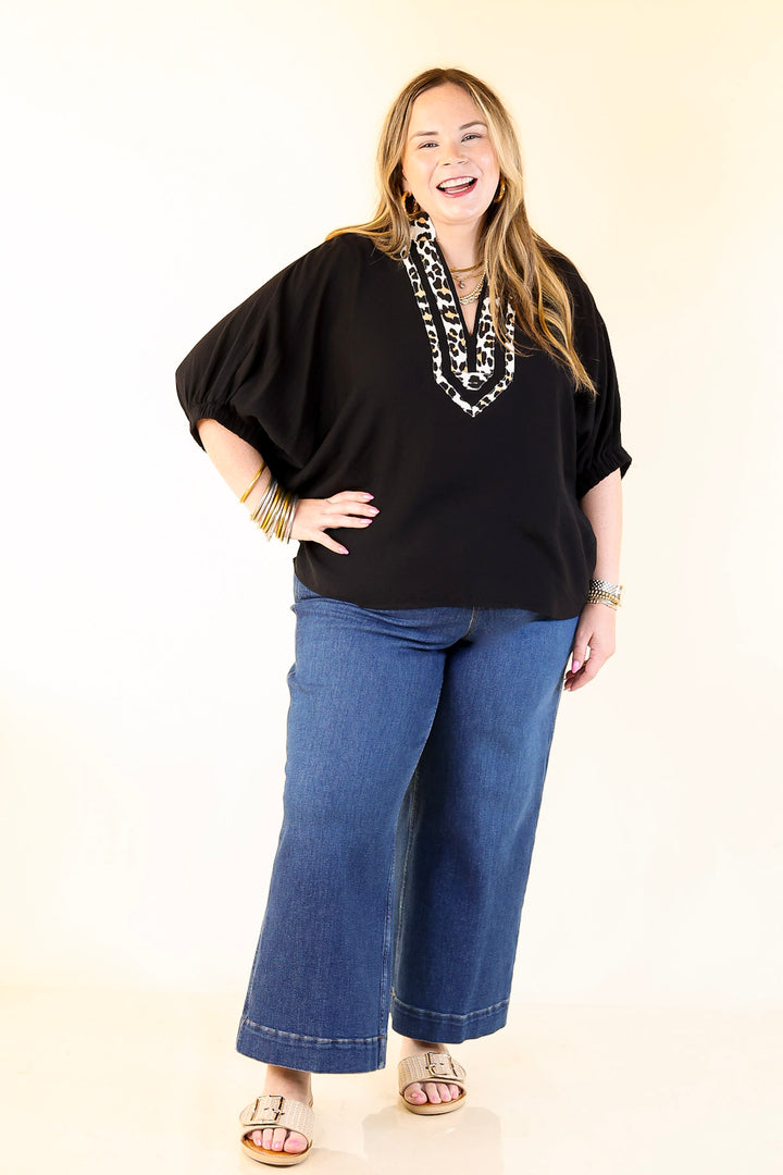 Naturally Stylish Leopard Print Trim Poncho Top in Black