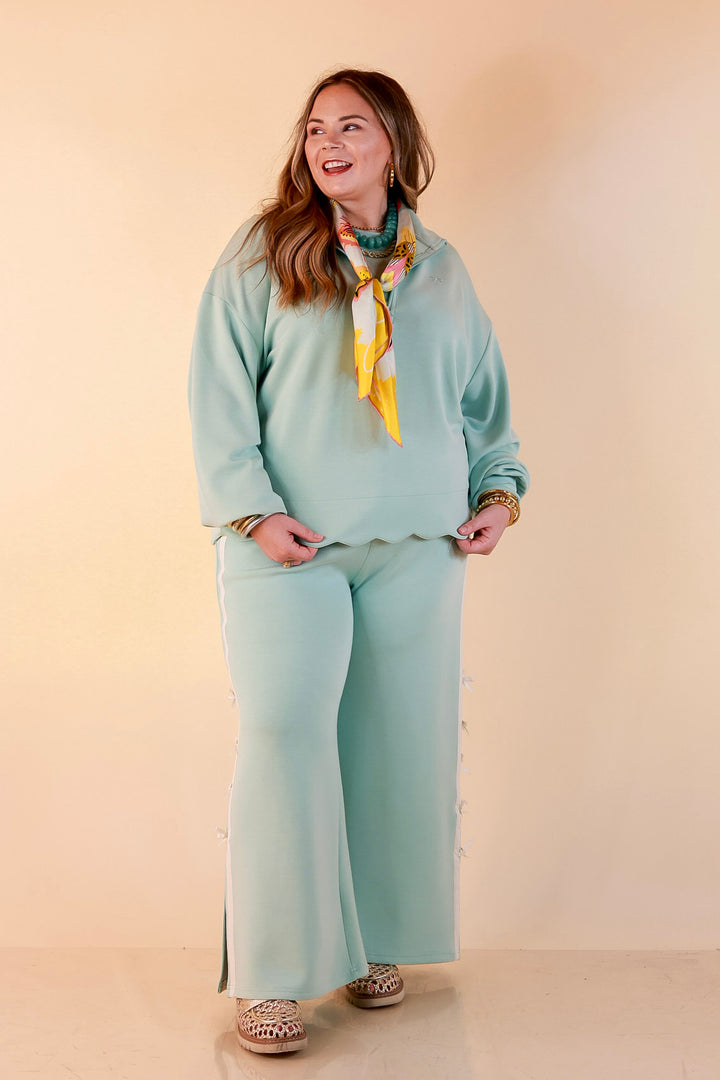 Simply Southern | Modern Staple Buttery Soft Pull-On Wide Leg Knit Pants with Side Bow Detail in Light Dusty Teal Blue