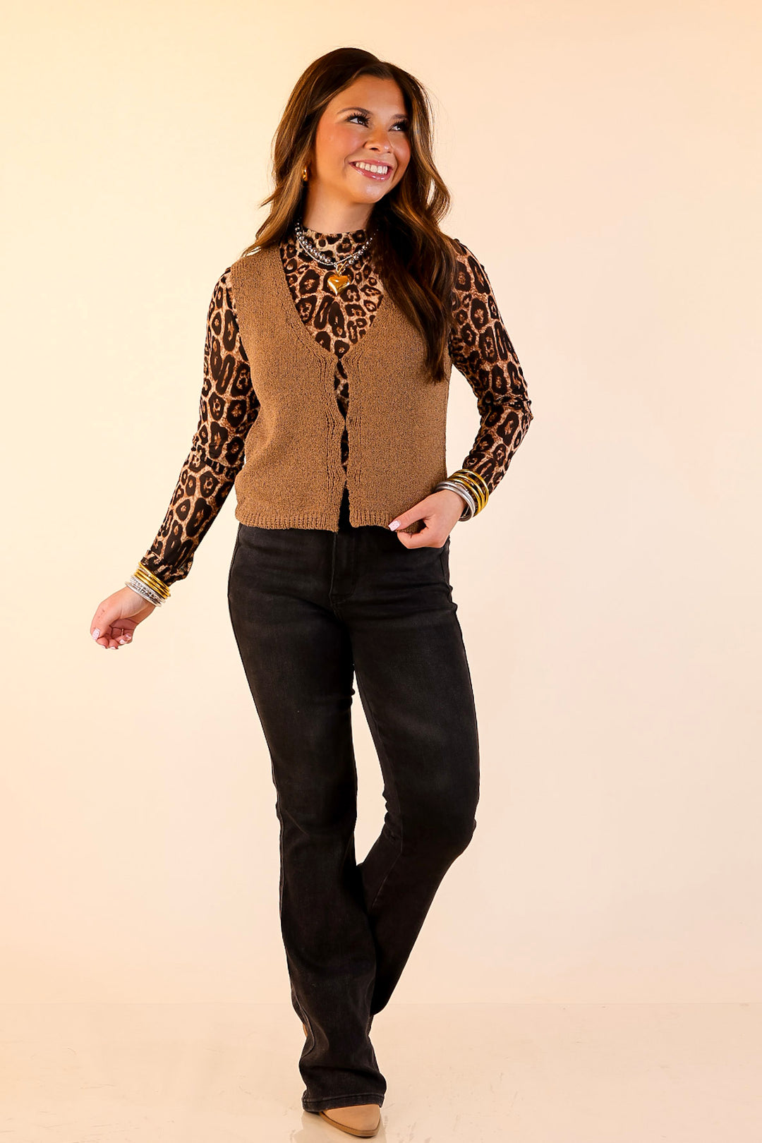 Everyday Staple Textured Knit Sweater Vest in Camel Brown