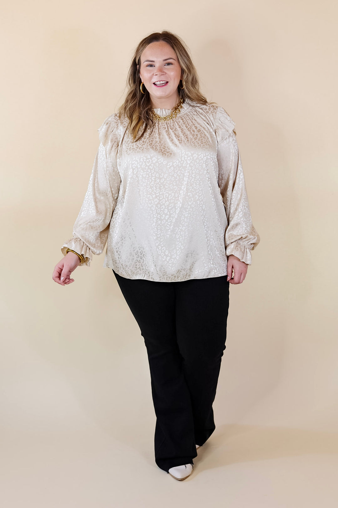 Can't Stop Me Ruffle Mock Neck Long Sleeve Leopard Print Satin Top in Ivory - Giddy Up Glamour Boutique
