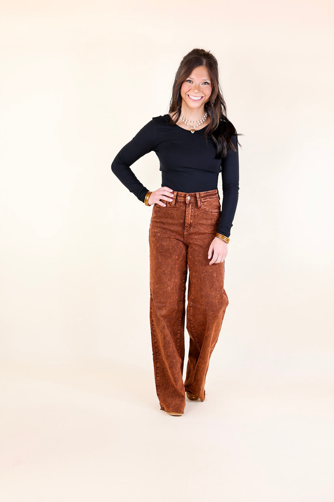 Judy Blue | Harvest Hues Garment Dyed Wide Leg Jean with Raw Hem in Pumpkin Spice Brown