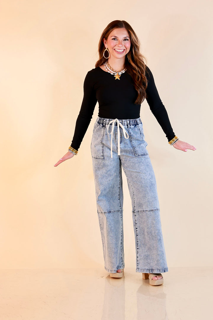 Simply Southern | Right This Way Wide Leg Drawstring Denim Utility Jeans in Acid Wash