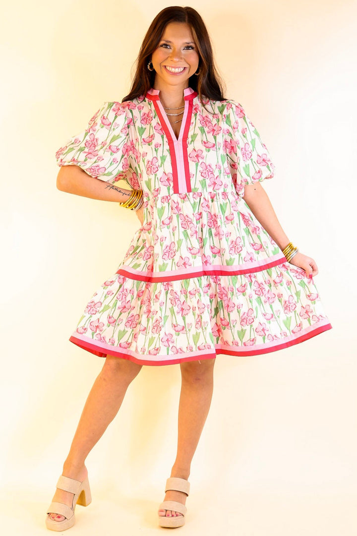 LAST CHANCE SIZE LARGE | Naturally Chic Floral Print Dress with Short Balloon Sleeves in Off White