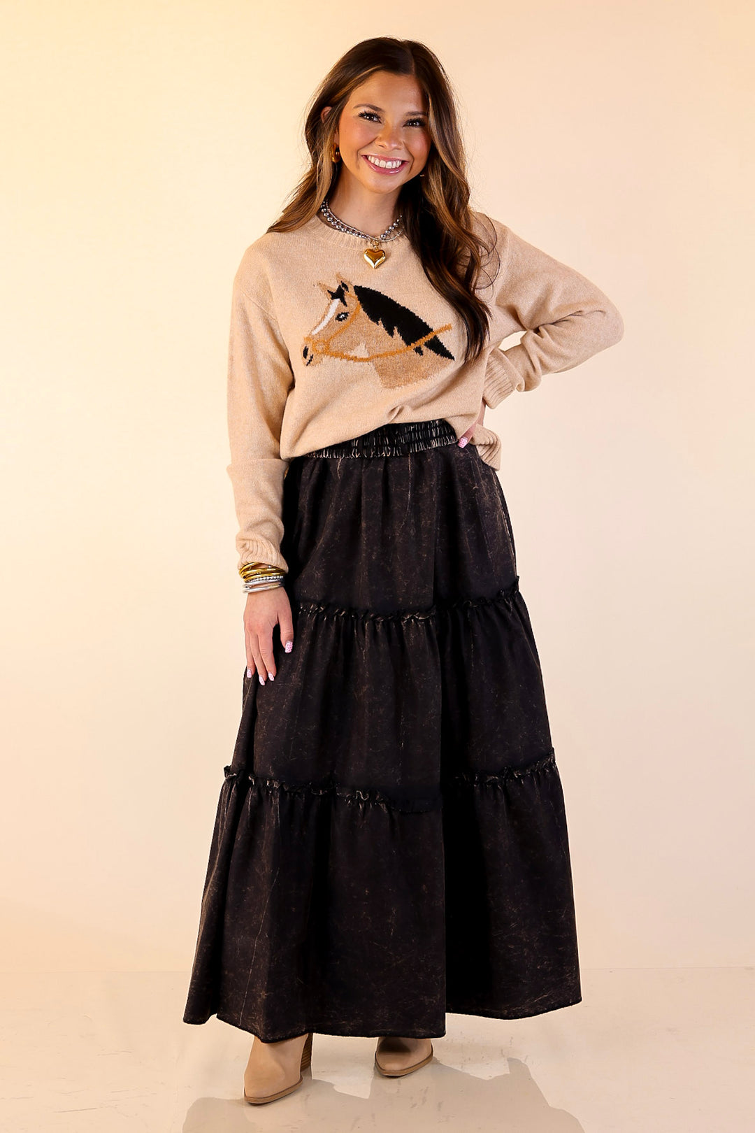 Boho Bliss Acid Wash Tiered Ruffle Maxi Skirt in Ash Black