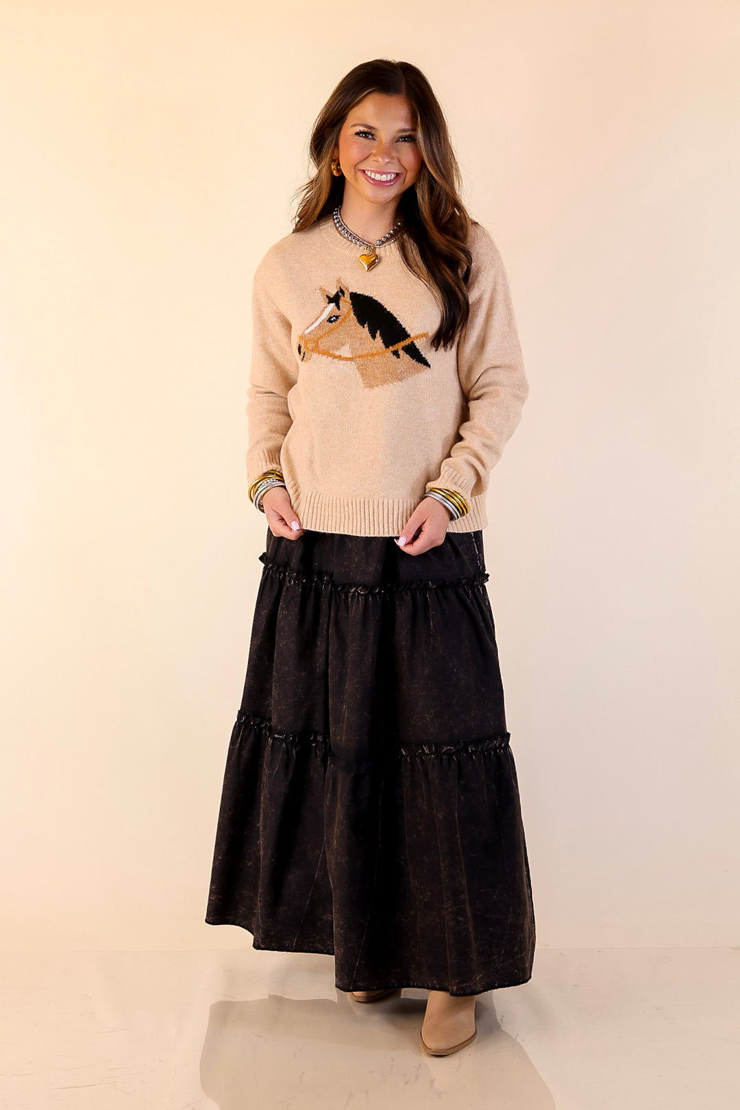 Simply Southern | Finest Touch Crewneck Sweater with Horse in Brown