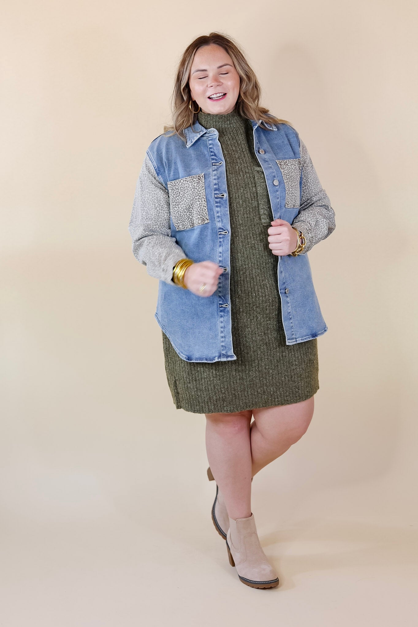 Judy Blue | Special Treat Leopard Print Block Button Up Denim Jacket in Light Wash - Giddy Up Glamour Boutique