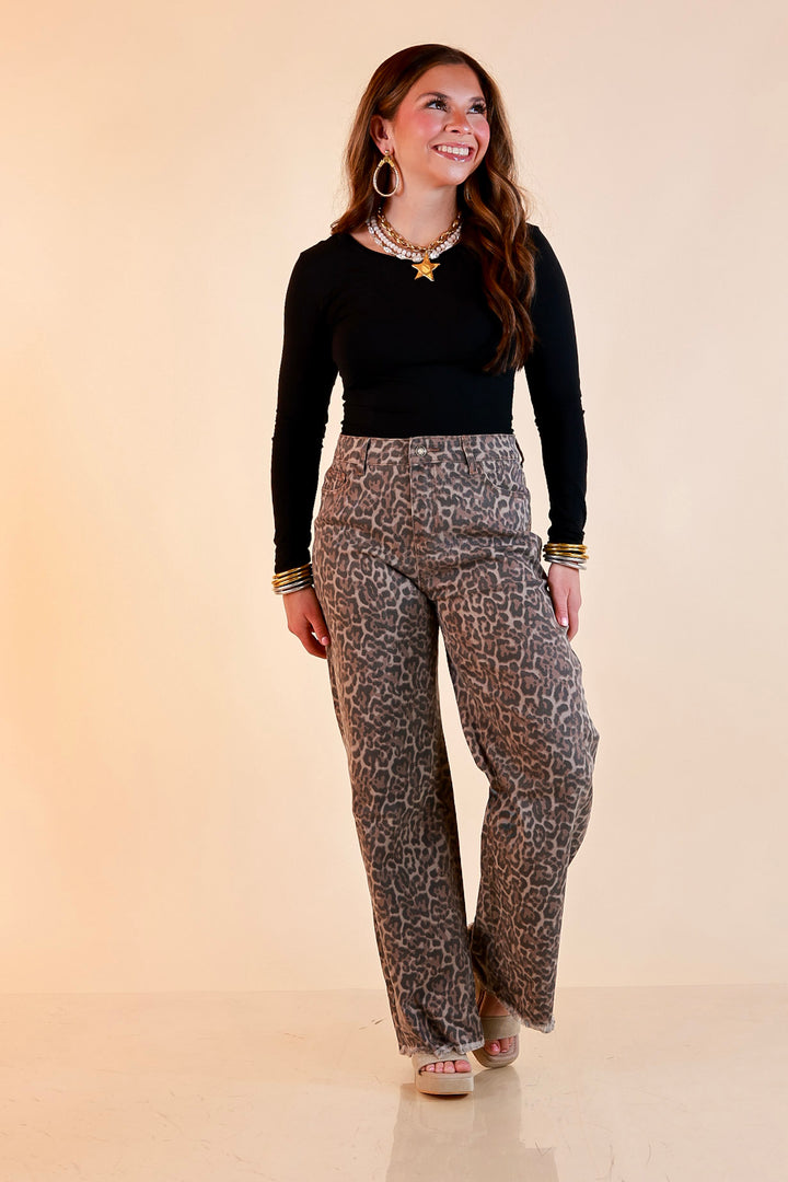 Simply Southern | Cool Statement Wide Leg Cropped Denim Jeans with Fray Hem in Leopard Print