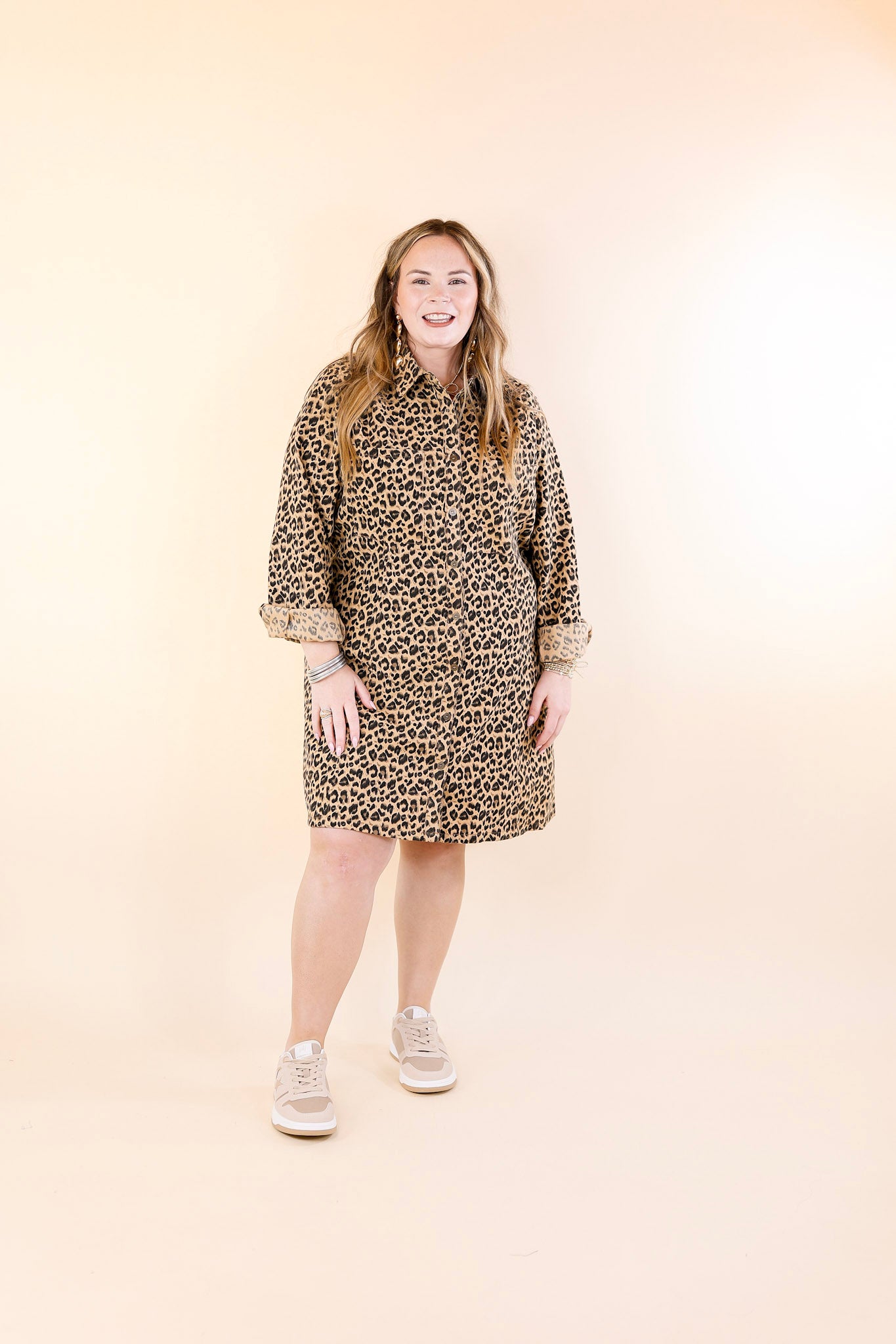 Manhattan Minute Leopard Print Button Up Dress with Long Sleeves