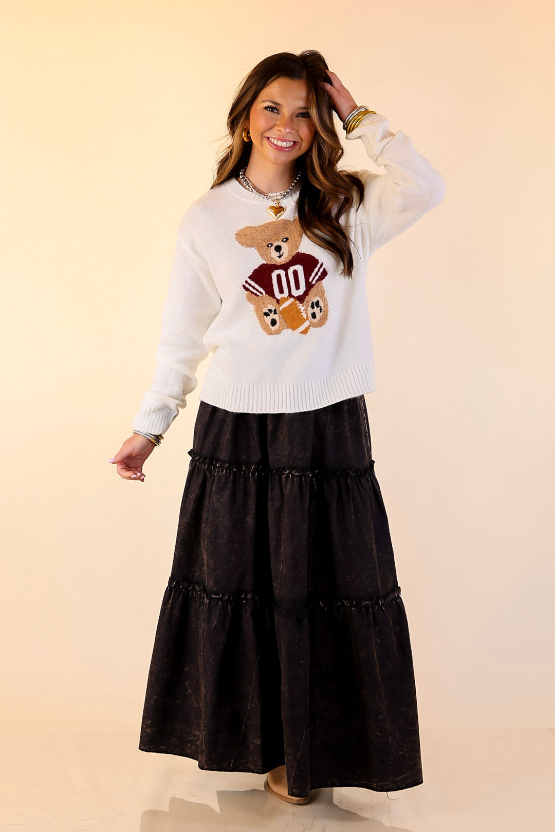 Simply Southern | Finest Touch Crewneck Sweater with Football Teddy Bear Graphic in Cream