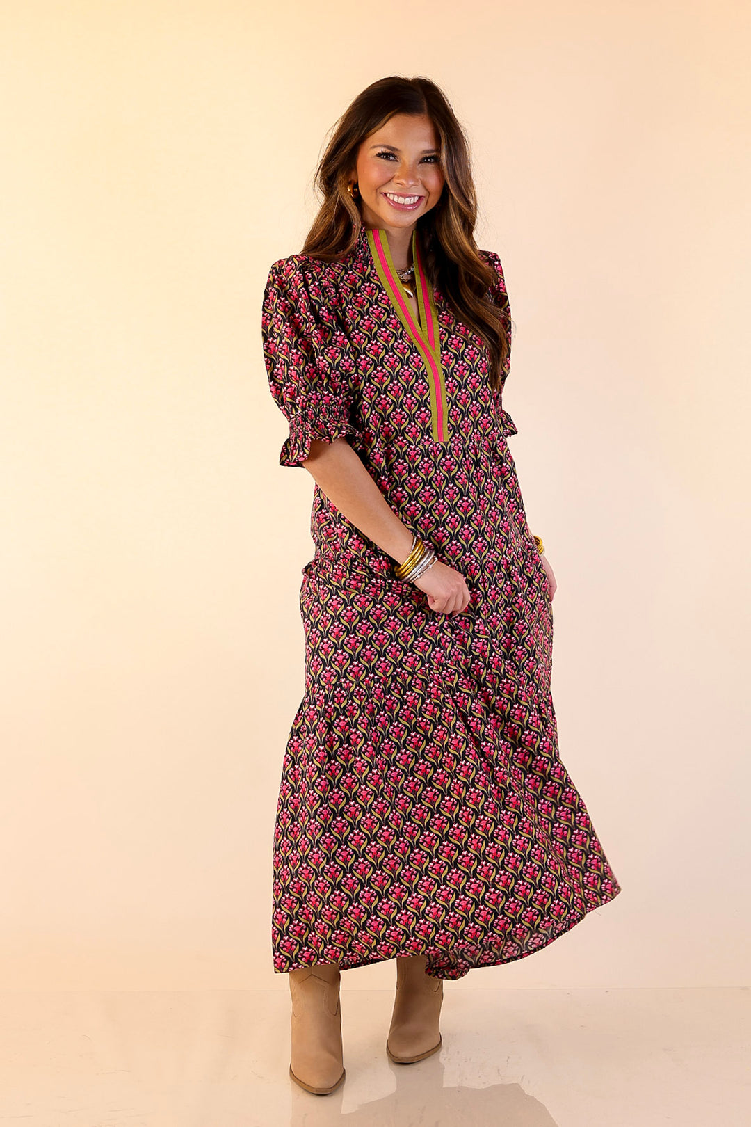 Vibrant Vision Floral Print Maxi Dress with Puff Sleeves and Contrast Trim in Black