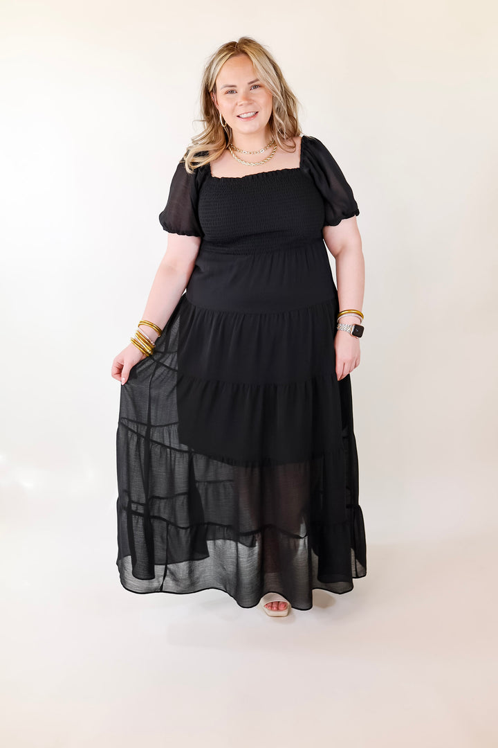 Honeysuckle Love Tiered Maxi Dress with Smocked Bodice in Black - Giddy Up Glamour Boutique