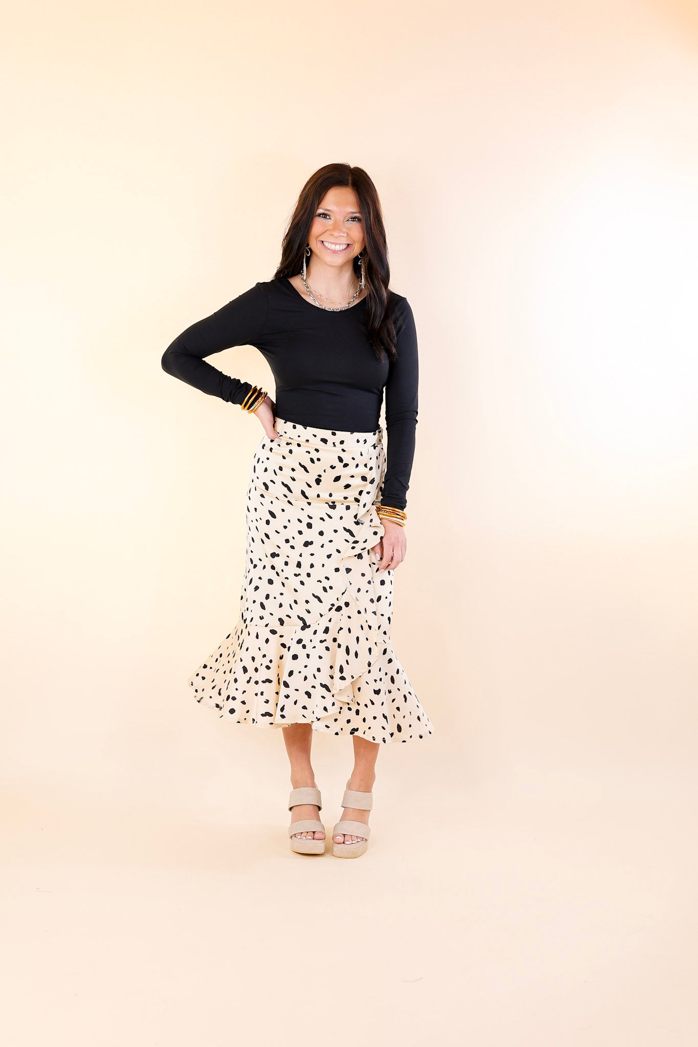 Lovely in L.A. Black Dotted Ruffle Wrap Midi Skirt in Beige