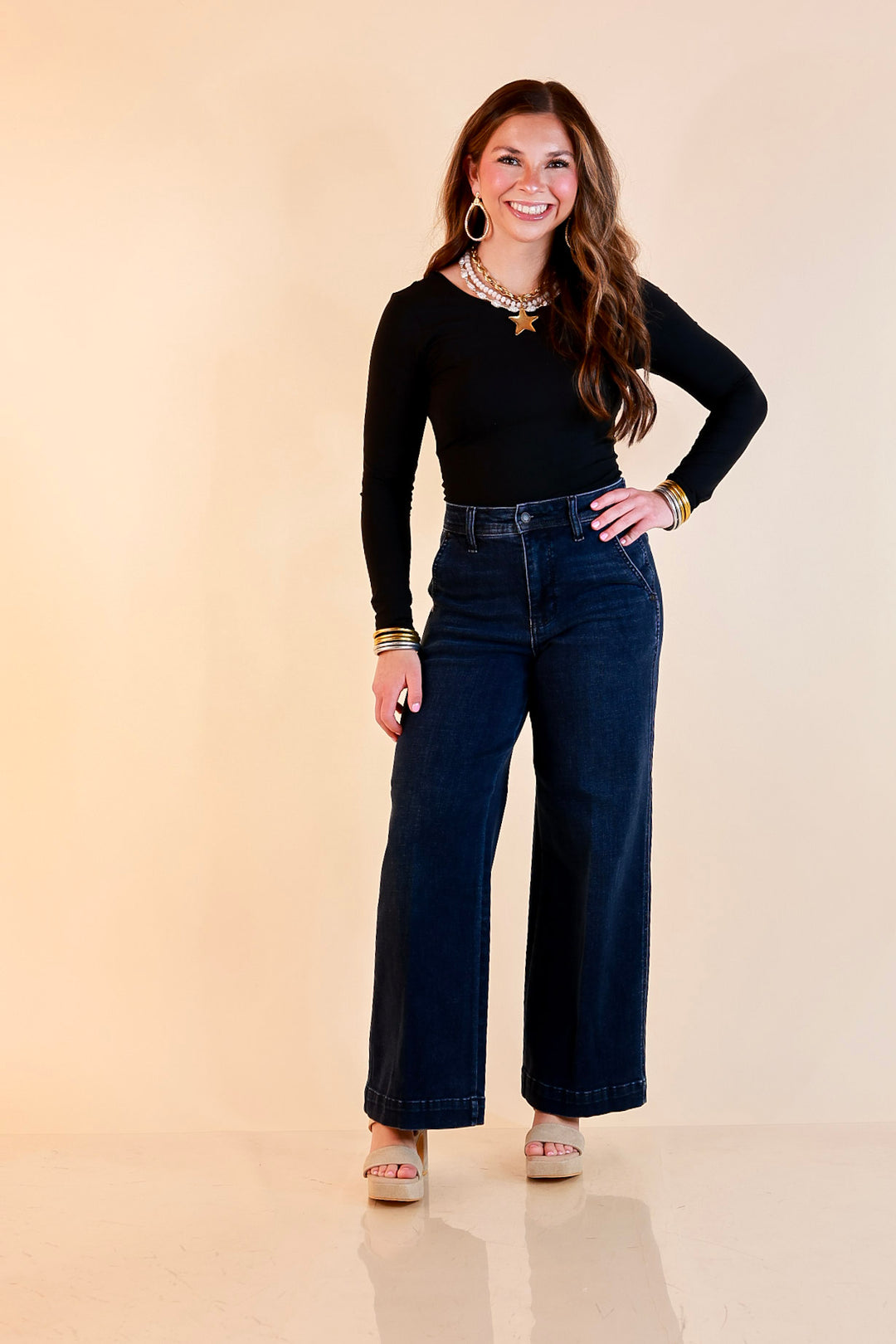 Judy Blue | Chic in Motion Ankle Length Cropped Wide Leg Trouser Denim Jeans in Dark Wash