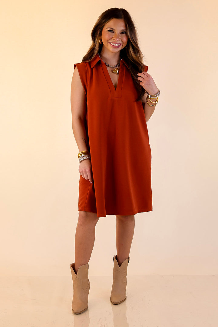 Polished Perfection Cap Sleeve Dress with Collar in Rust Orange