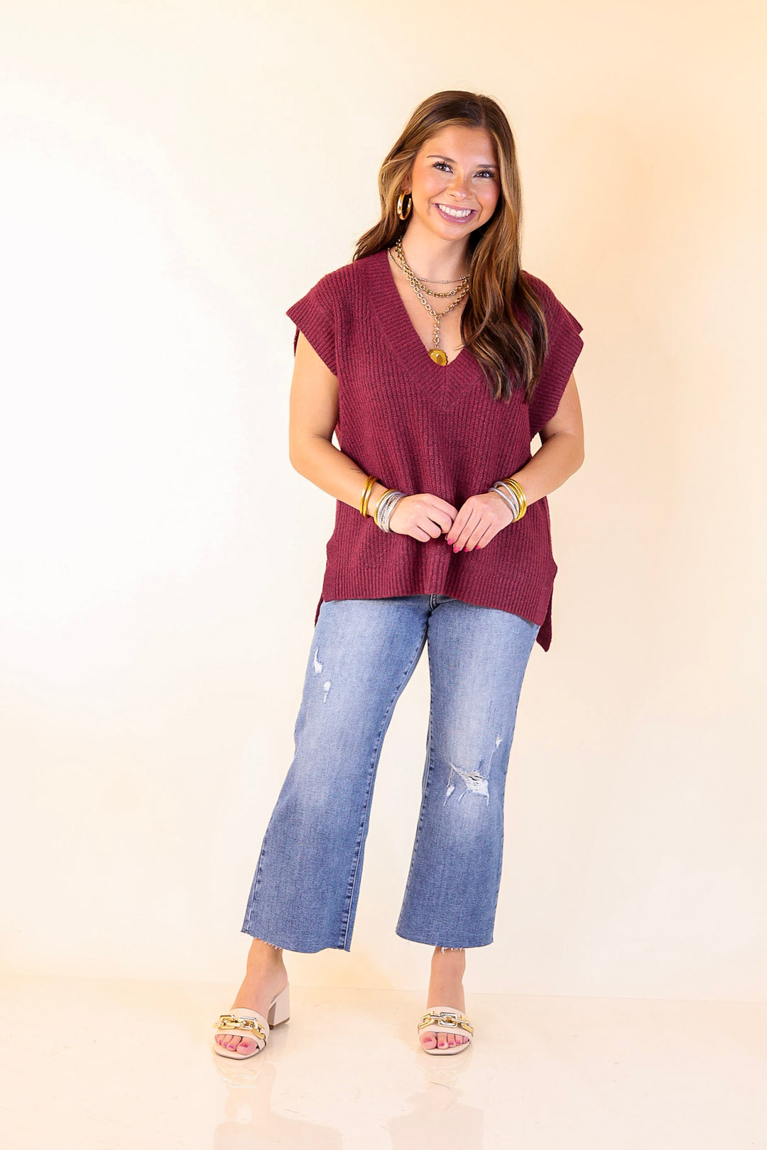 Fall For You Textured V-Neck Oversized Knit Sweater Vest Top in Maroon