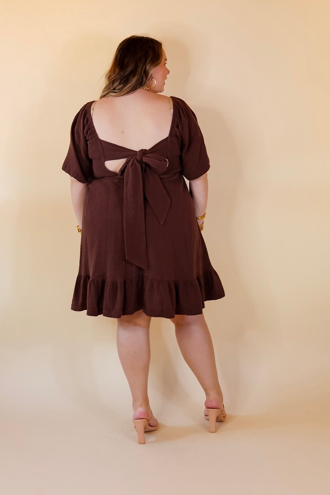 Sugary Sweet Smocked Bodice Dress with Ruffle Hem in Brown - Giddy Up Glamour Boutique