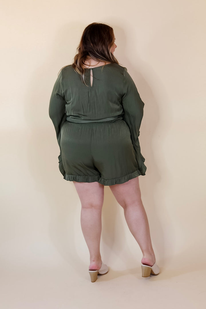 Something More Ruffle Trim Long Sleeve Satin Romper in Olive Green - Giddy Up Glamour Boutique