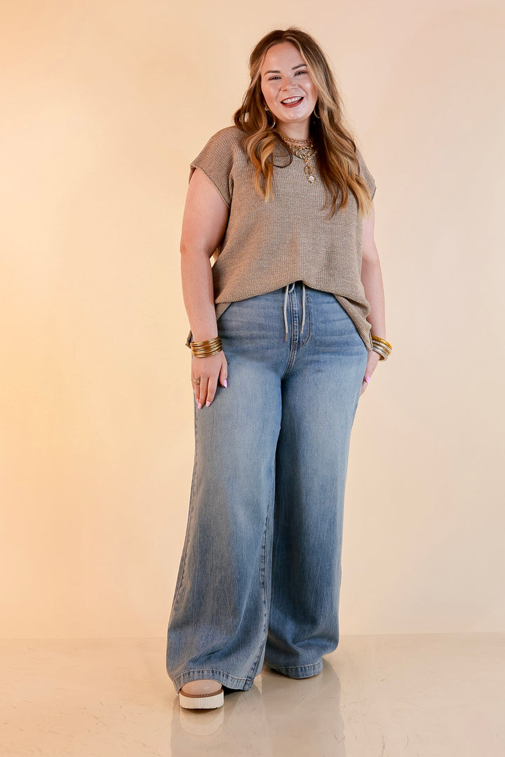 Judy Blue | Easy Does It Wide Leg Palazzo Featherweight Elastic Waistband Jeans in Medium Wash