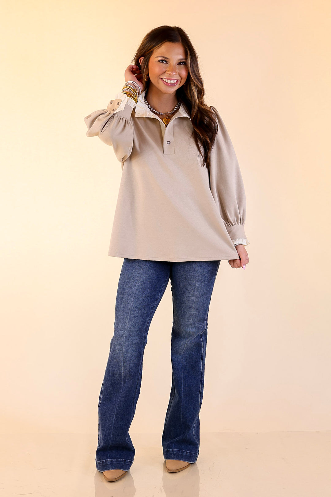 Refined Edge Puff 3/4 Sleeve Top with Collar Detailing in Sand