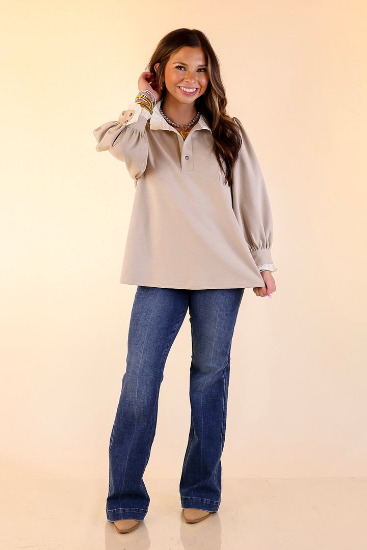 Refined Edge Puff 3/4 Sleeve Top with Collar Detailing in Sand