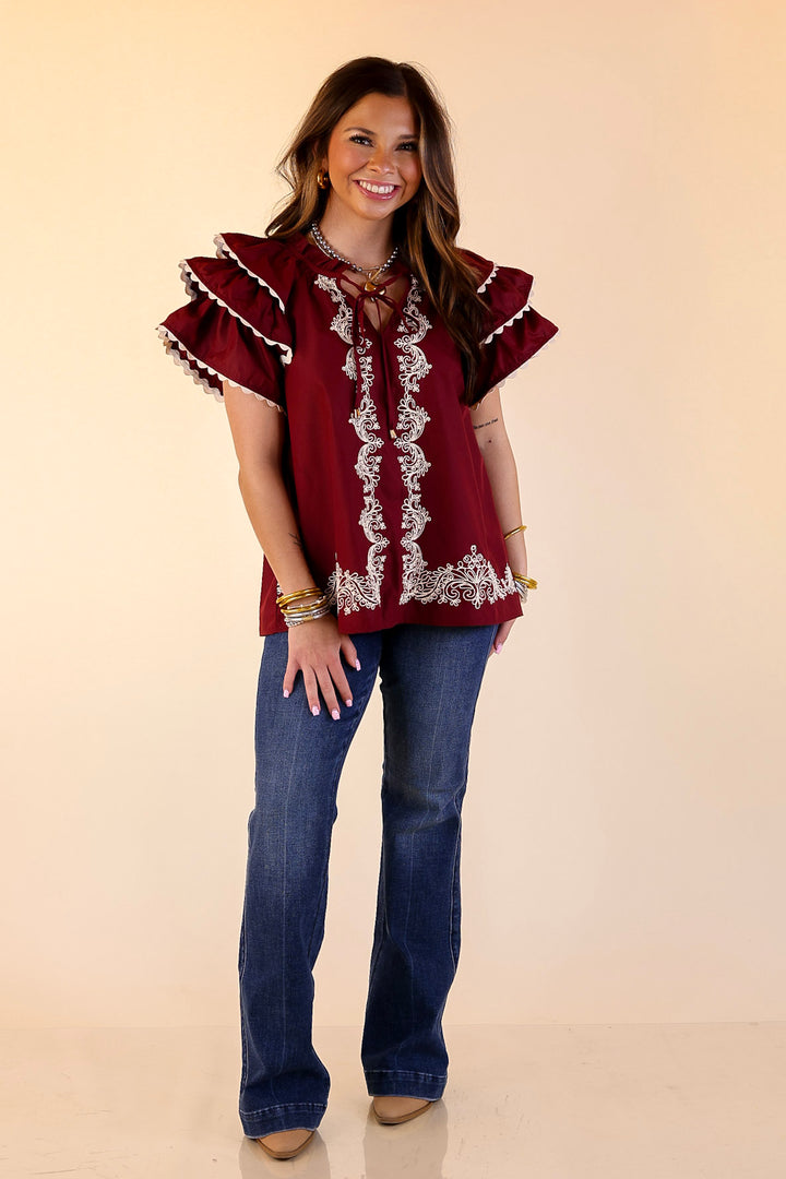 Graceful Details Embroidered Short Sleeve Top with Layered Flutter Sleeves in Maroon