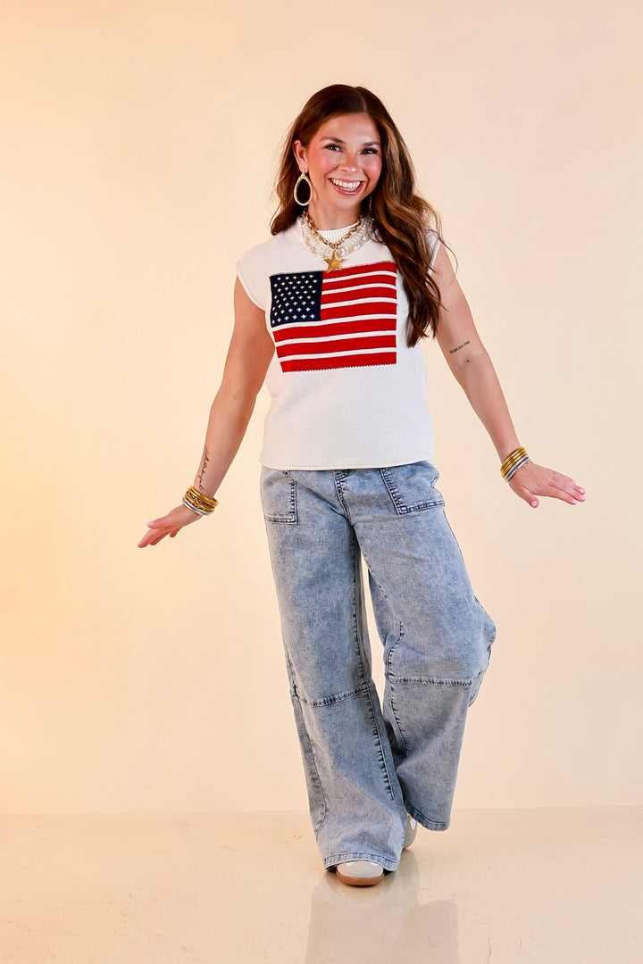 Simply Southern | Star Standard Knit Sleeveless Tank Sweater with American Flag in Ivory