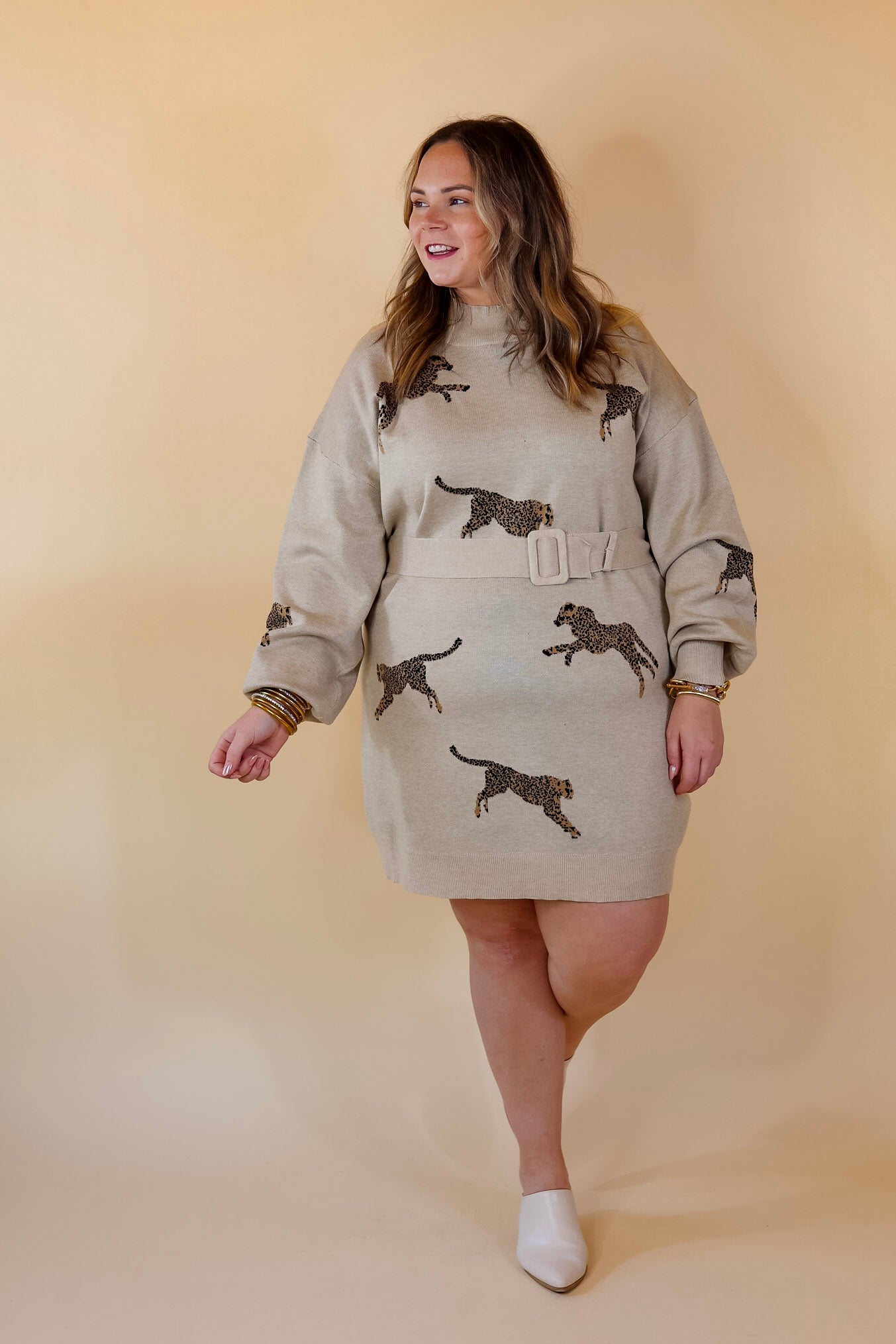 Luxurious Life Animal Print Sweater Dress with Belt in Oatmeal Beige - Giddy Up Glamour Boutique
