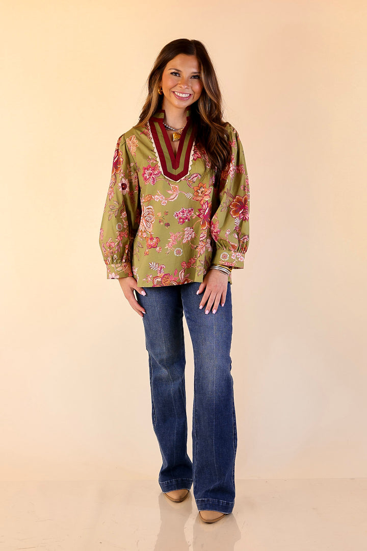 Autumn Allure Floral Long Sleeve Top with Contrast Trim in Olive Green