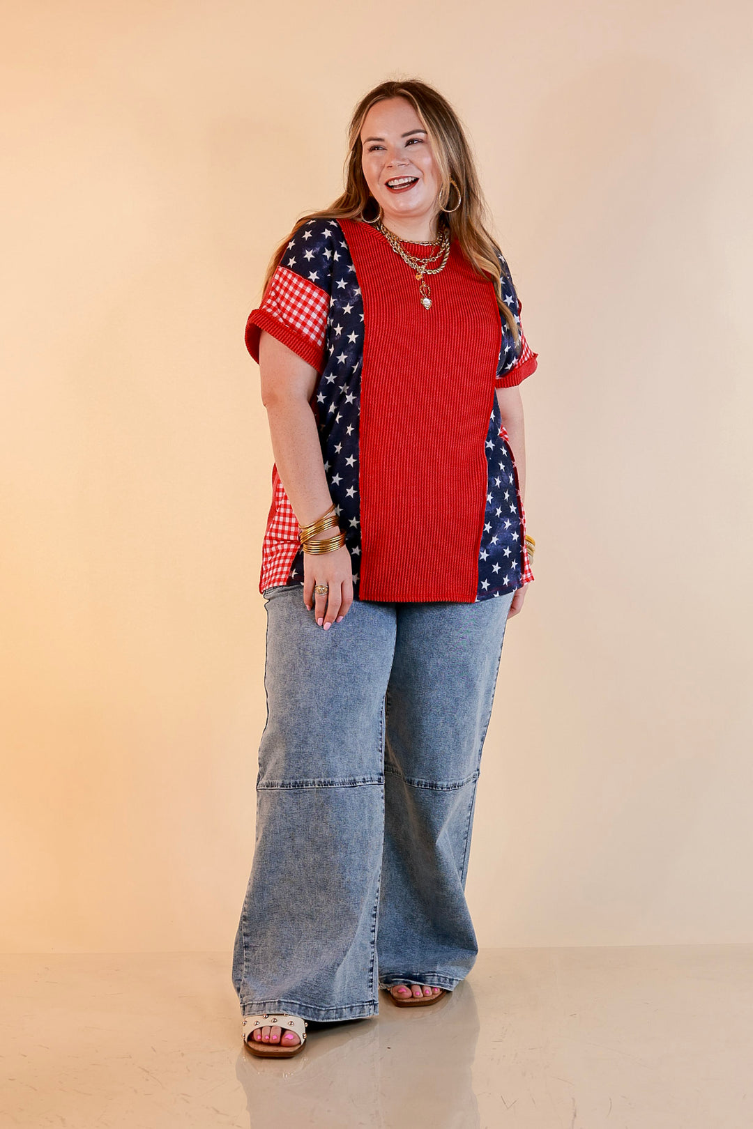 Make Your Mark Ribbed Scoop Neck Mixed Print Short Sleeve Top with Star and Gingham Detailing in Red