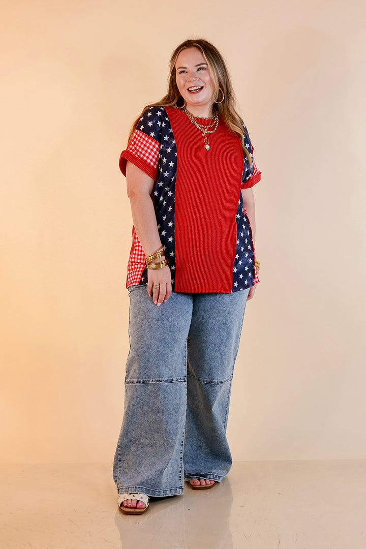 Make Your Mark Ribbed Scoop Neck Mixed Print Short Sleeve Top with Star and Gingham Detailing in Red