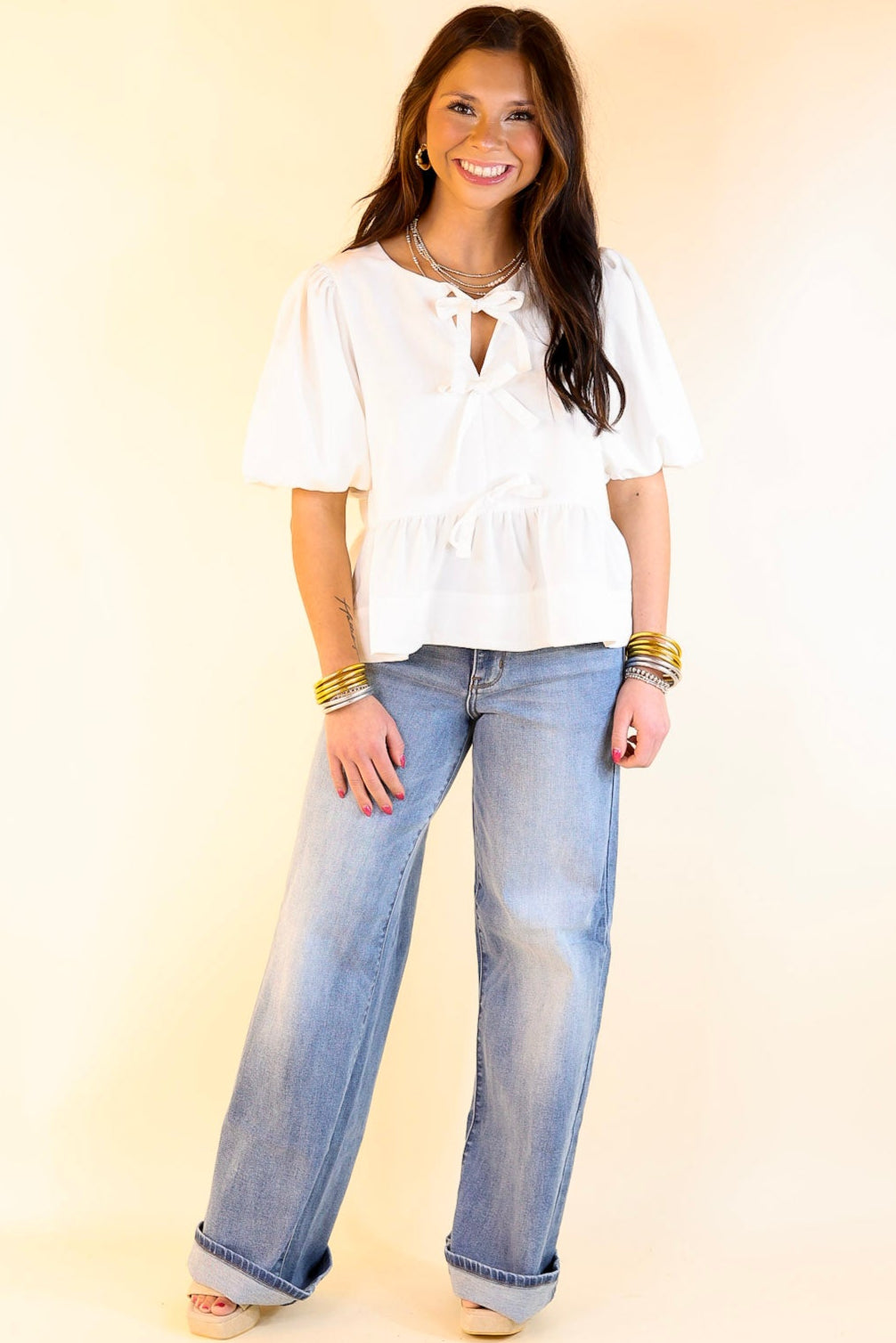 Simply Stunning Short Puff Sleeve Top with Bow Tie Detailing in Off White