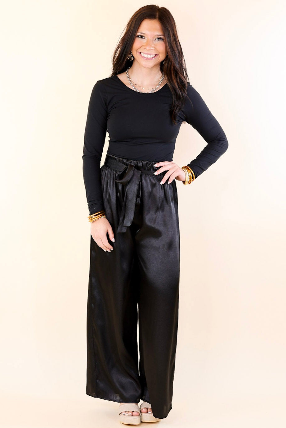 Dare To Dazzle Wide Leg Satin Pants with Waist Tie in Black