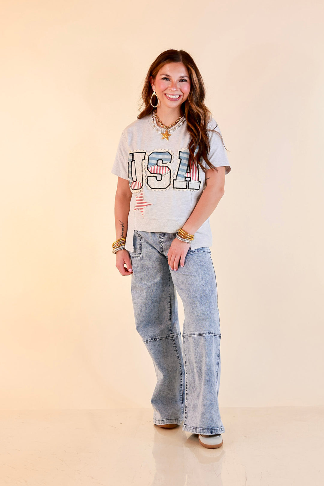Simply Southern | All American Charm Lace Trim USA Patchwork Split Hem Graphic Tee in Heather Grey