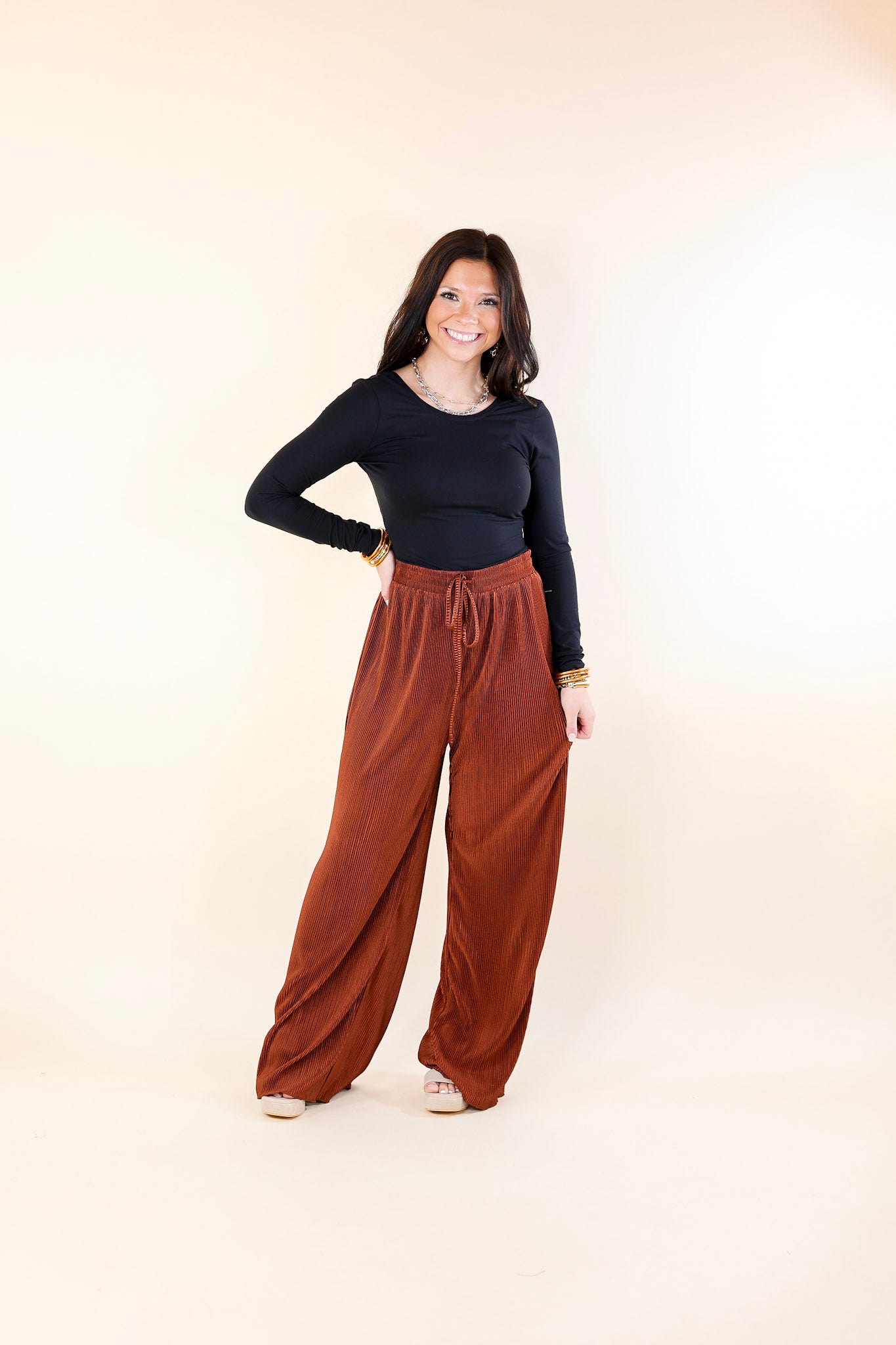 What You Admire Plissé Drawstring Pants in Rust Brown