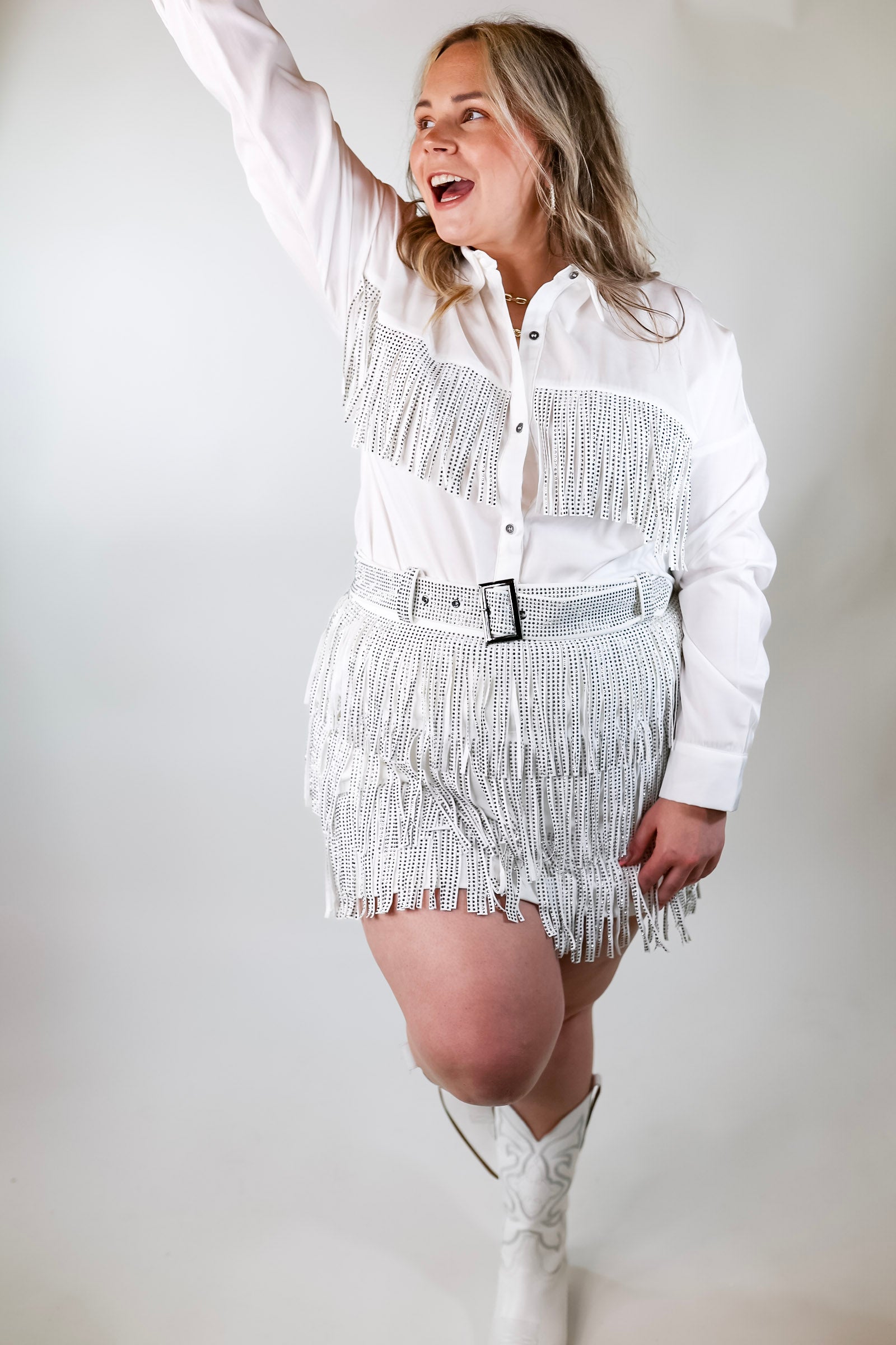 All That Shimmers Crystal Fringe Button Up Top with Long Sleeves in White - Giddy Up Glamour Boutique