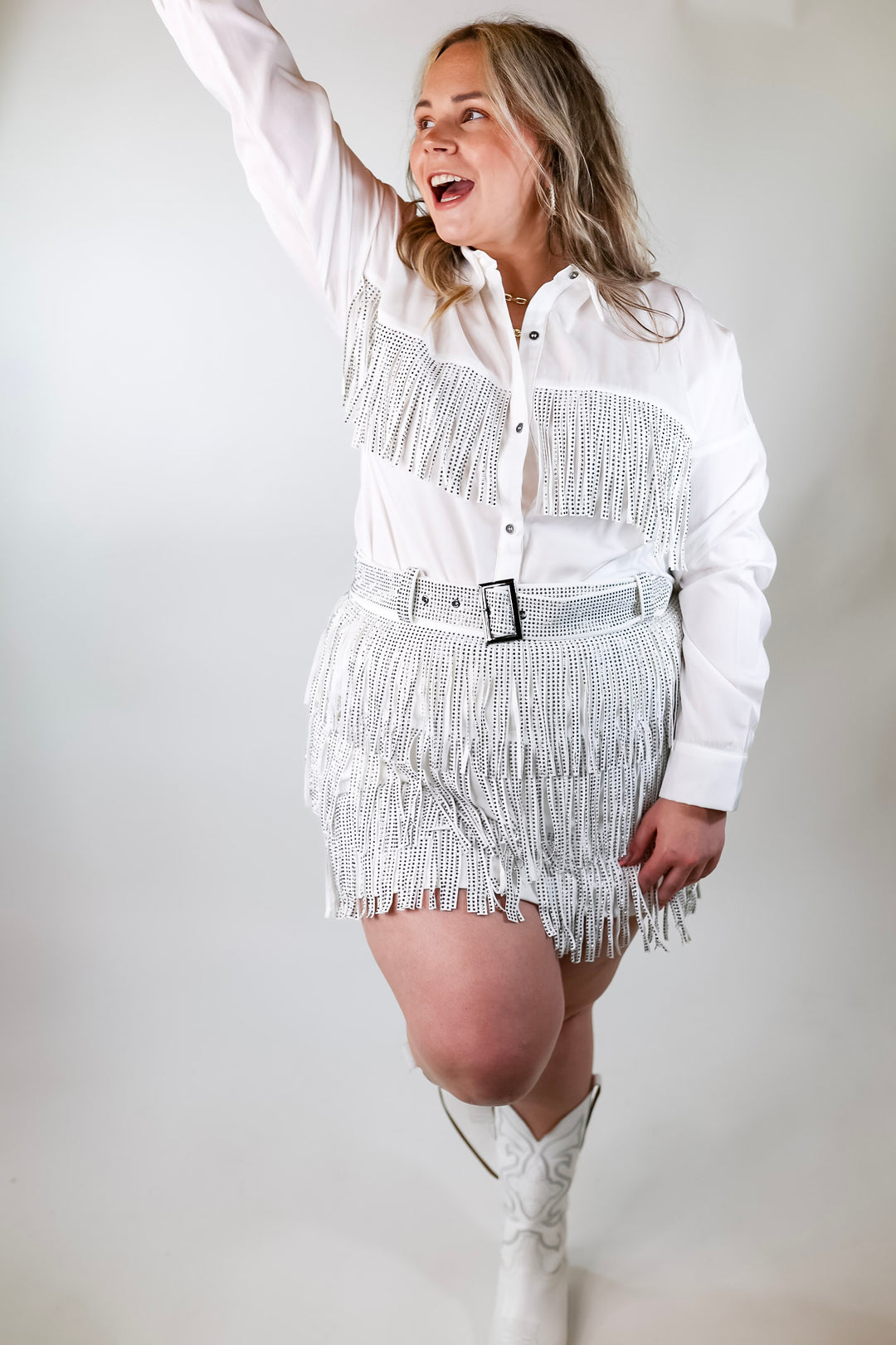 All That Shimmers Crystal Fringe Button Up Top with Long Sleeves in White - Giddy Up Glamour Boutique