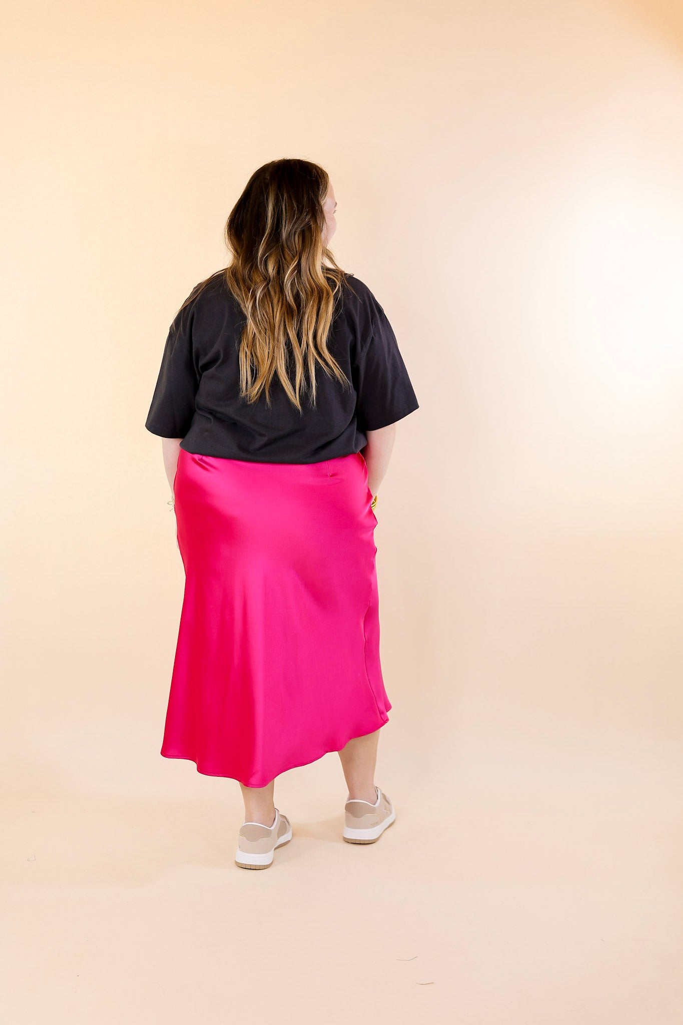 Bubbly And Blissful Satin Midi Skirt in Fuchsia Pink