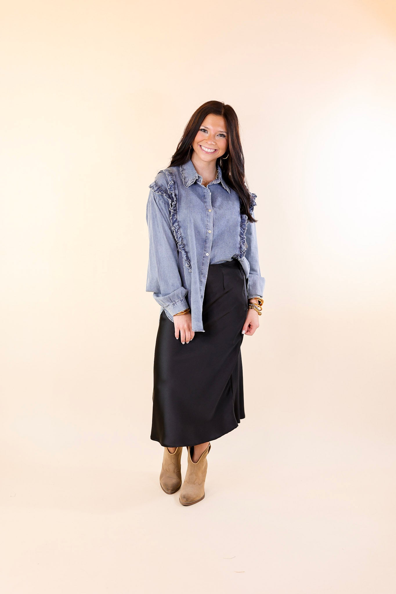 Attention To Detail Button Up Collared Denim Top with Ruffle Detail